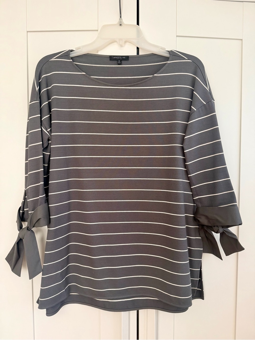 Lafayette 148 New York Striped Tie-Cuff Crewneck Top | Size XS - Picture 2 of 6